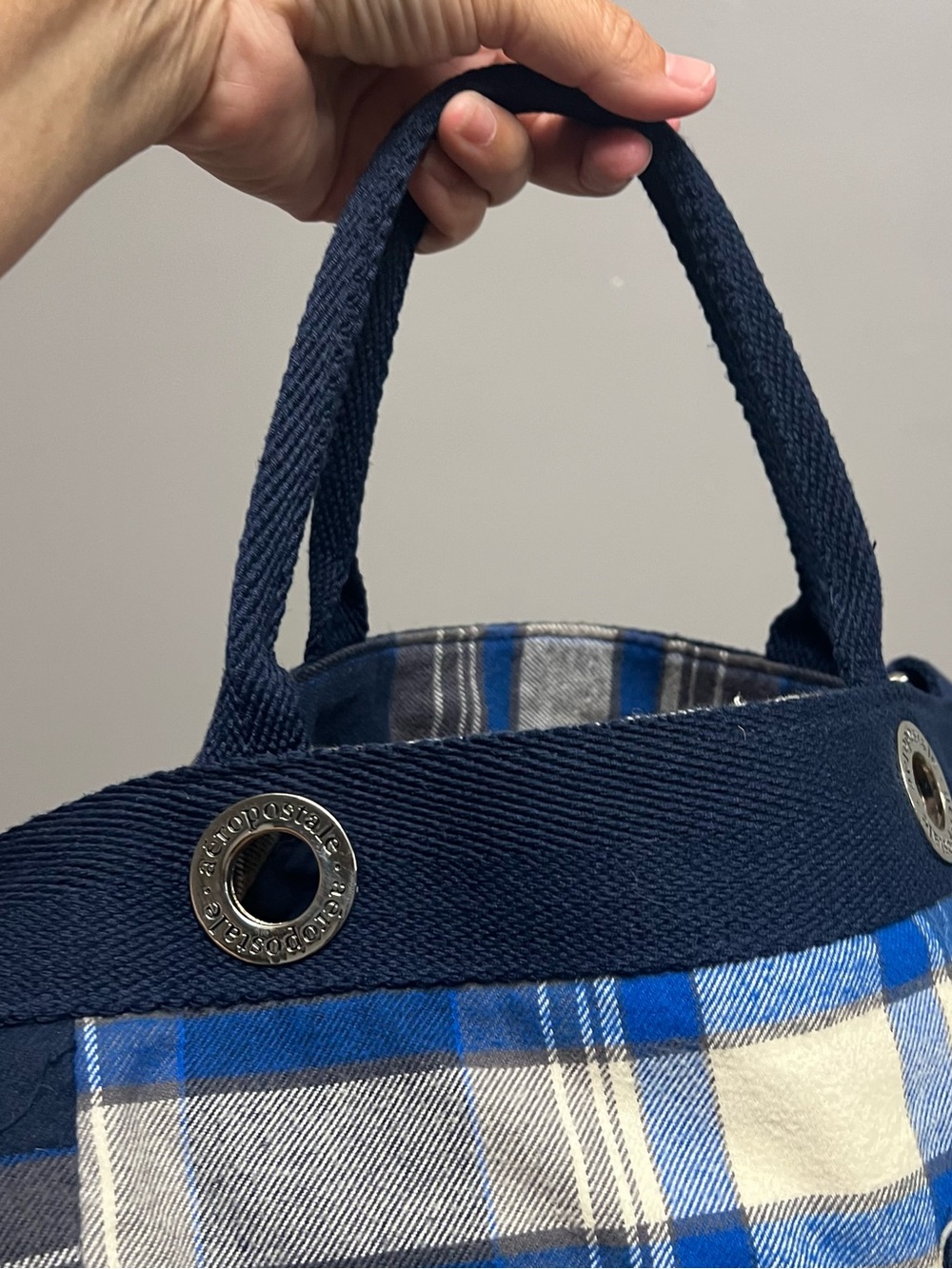 VTG Y2K 90s Aeropostale Lightweight Blue & Gray Plaid Material Shoulder Tote Bag - Picture 4 of 11